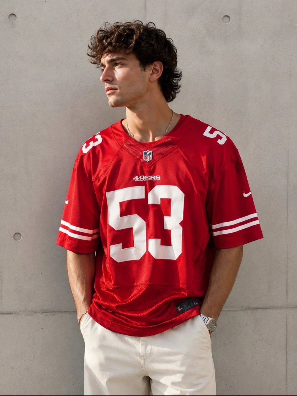 49ers fan in the scarlet home jersey